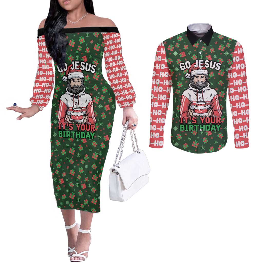 Go Jesus It's Your Birthday Christmas Couples Matching Off The Shoulder Long Sleeve Dress and Long Sleeve Button Shirt with Presents and Festive Pattern - Wonder Print Shop