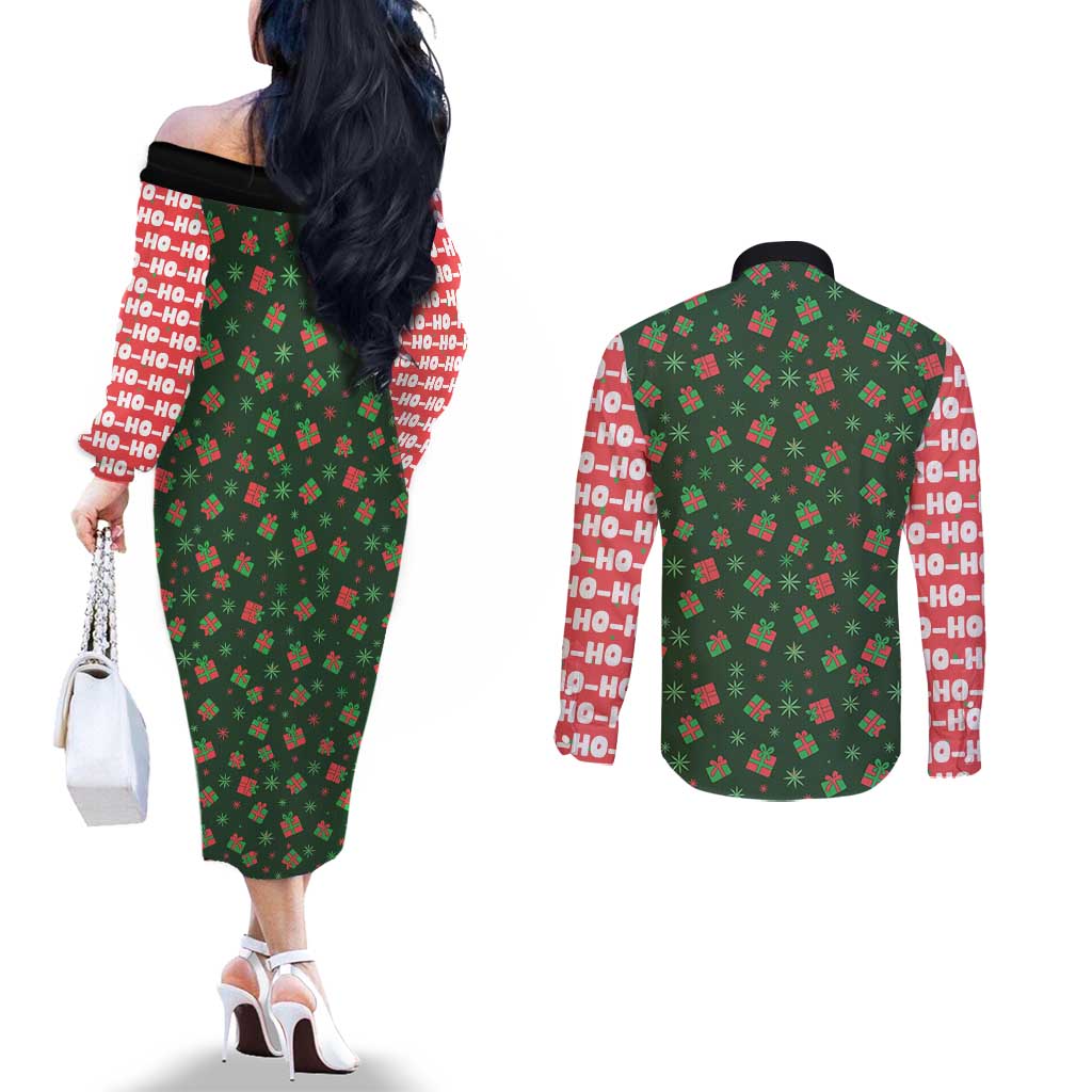 Go Jesus It's Your Birthday Christmas Couples Matching Off The Shoulder Long Sleeve Dress and Long Sleeve Button Shirt with Presents and Festive Pattern - Wonder Print Shop