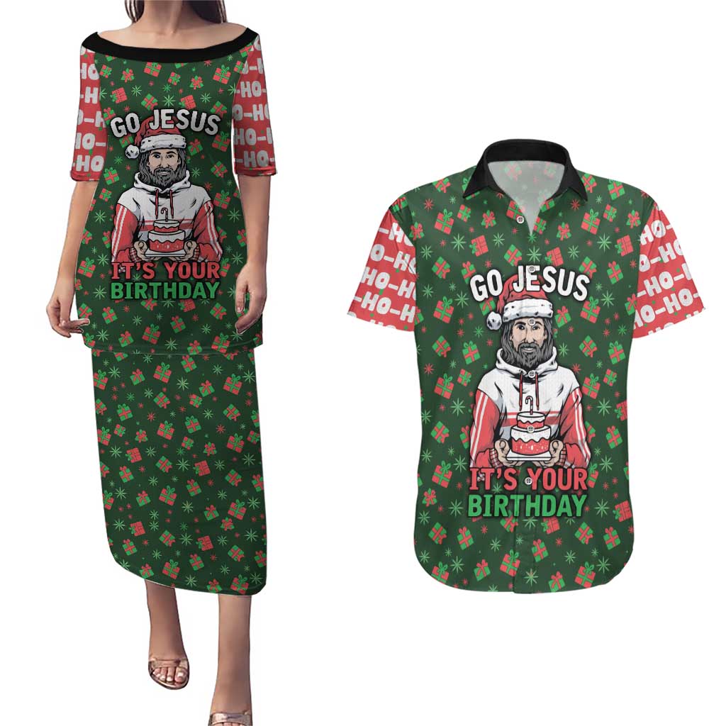 Go Jesus It's Your Birthday Christmas Couples Matching Puletasi and Hawaiian Shirt with Presents and Festive Pattern - Wonder Print Shop