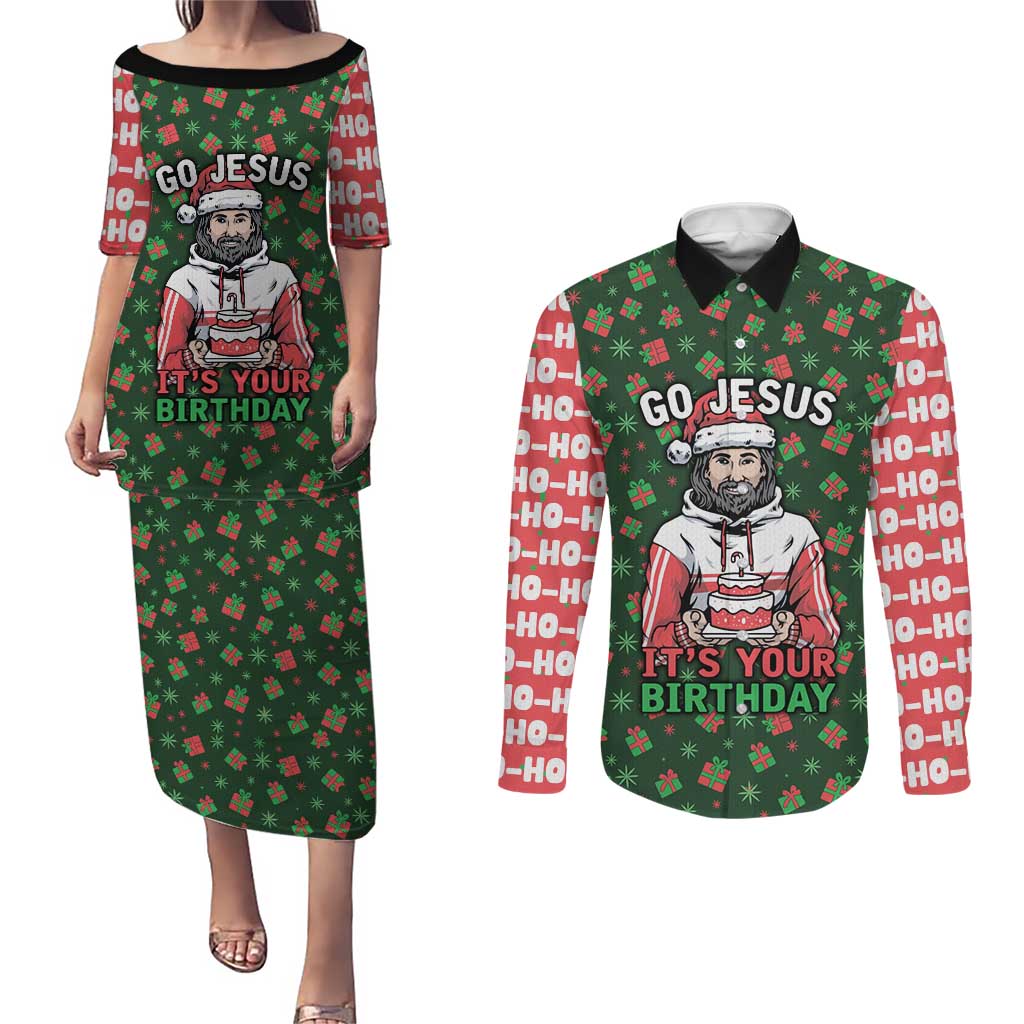 Go Jesus It's Your Birthday Christmas Couples Matching Puletasi and Long Sleeve Button Shirt with Presents and Festive Pattern - Wonder Print Shop