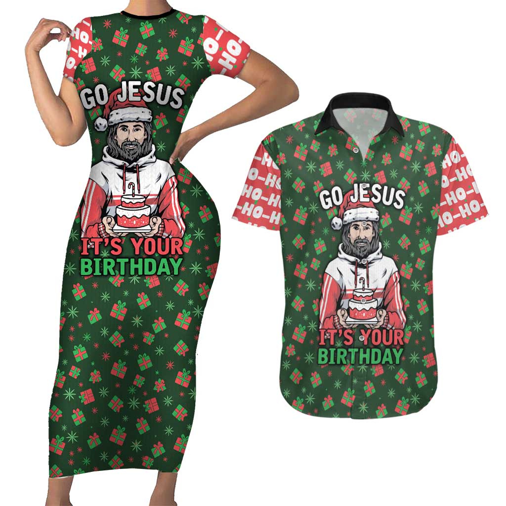 Go Jesus It's Your Birthday Christmas Couples Matching Short Sleeve Bodycon Dress and Hawaiian Shirt with Presents and Festive Pattern - Wonder Print Shop