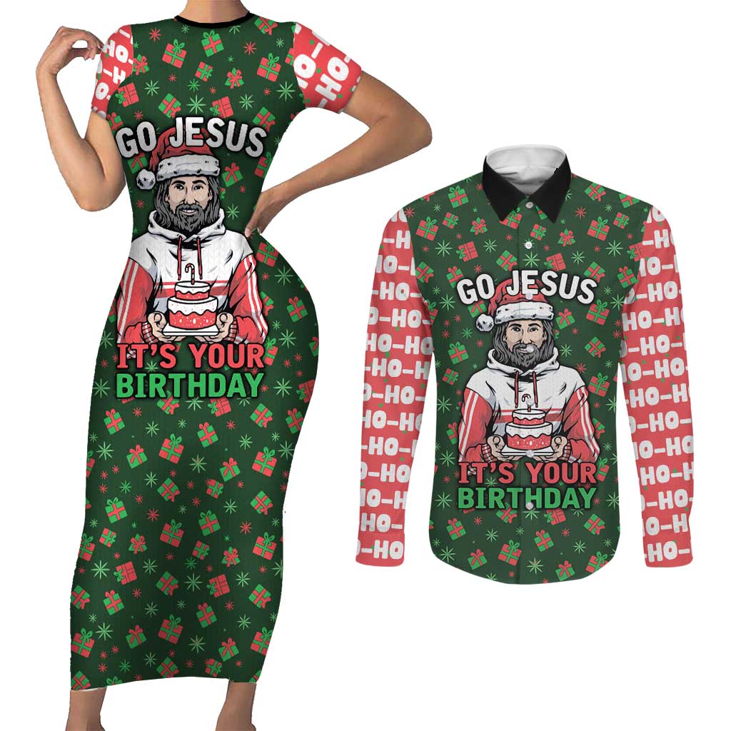 Go Jesus It's Your Birthday Christmas Couples Matching Short Sleeve Bodycon Dress and Long Sleeve Button Shirt with Presents and Festive Pattern - Wonder Print Shop