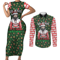 Go Jesus It's Your Birthday Christmas Couples Matching Short Sleeve Bodycon Dress and Long Sleeve Button Shirt with Presents and Festive Pattern - Wonder Print Shop