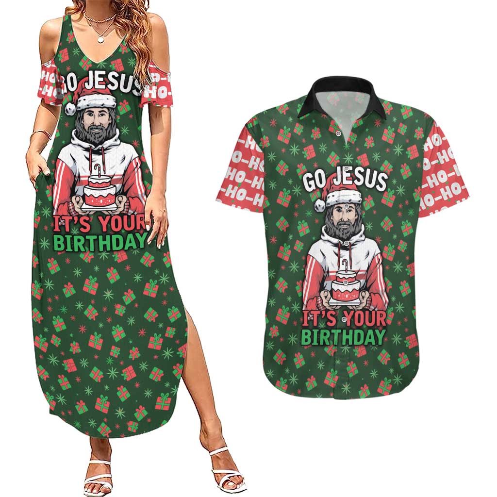 Go Jesus It's Your Birthday Christmas Couples Matching Summer Maxi Dress and Hawaiian Shirt with Presents and Festive Pattern - Wonder Print Shop