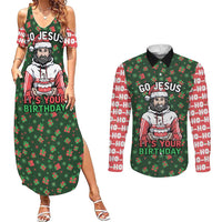 Go Jesus It's Your Birthday Christmas Couples Matching Summer Maxi Dress and Long Sleeve Button Shirt with Presents and Festive Pattern - Wonder Print Shop