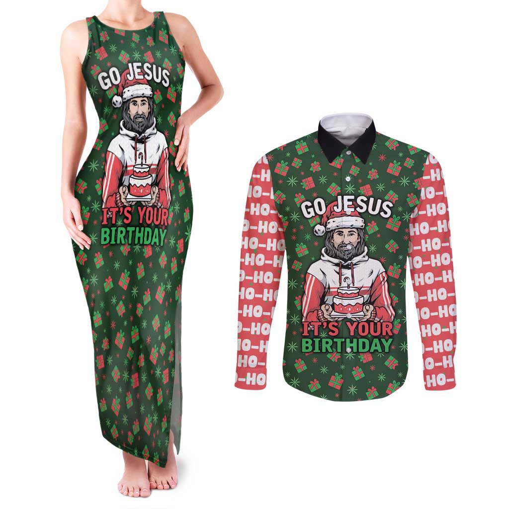Go Jesus It's Your Birthday Christmas Couples Matching Tank Maxi Dress and Long Sleeve Button Shirt with Presents and Festive Pattern - Wonder Print Shop