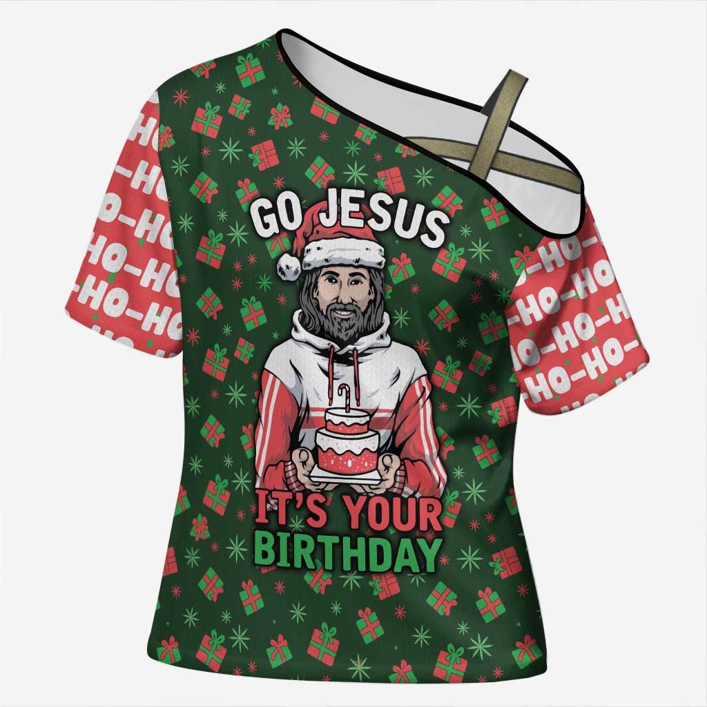 Go Jesus It's Your Birthday Christmas Cross Shoulder Shirt with Presents and Festive Pattern - Wonder Print Shop