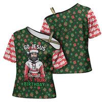 Go Jesus It's Your Birthday Christmas Cross Shoulder Shirt with Presents and Festive Pattern - Wonder Print Shop