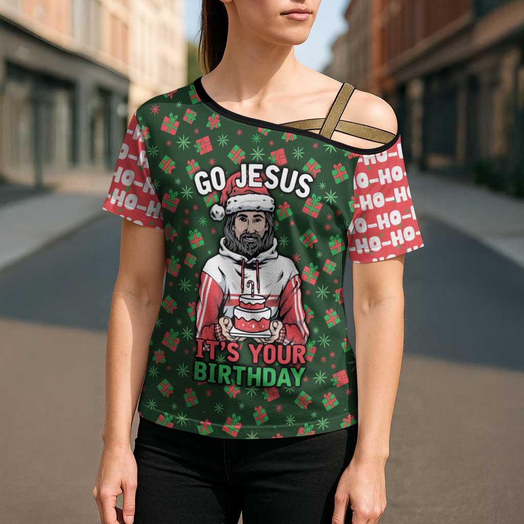 Go Jesus It's Your Birthday Christmas Cross Shoulder Shirt with Presents and Festive Pattern - Wonder Print Shop