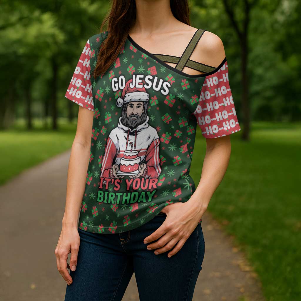 Go Jesus It's Your Birthday Christmas Cross Shoulder Shirt with Presents and Festive Pattern - Wonder Print Shop