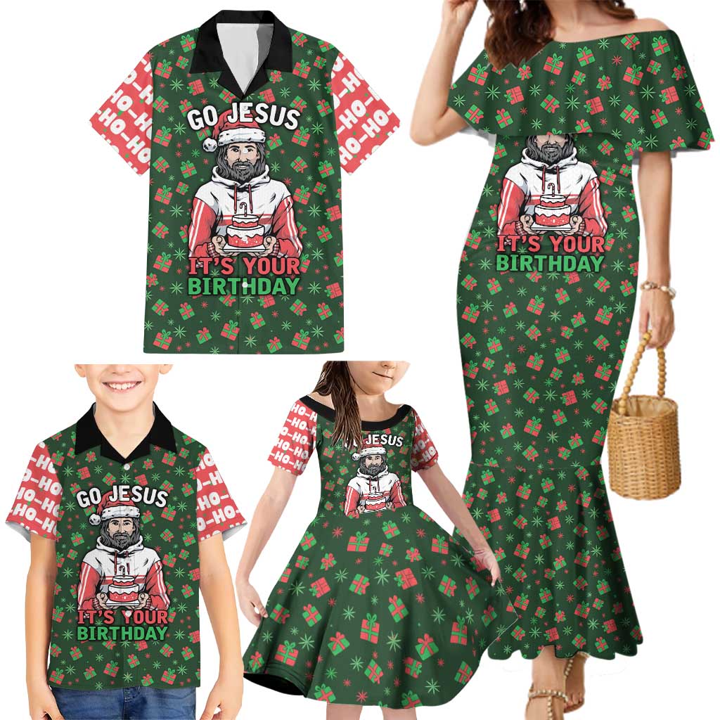 Go Jesus It's Your Birthday Christmas Family Matching Mermaid Dress and Hawaiian Shirt with Presents and Festive Pattern - Wonder Print Shop