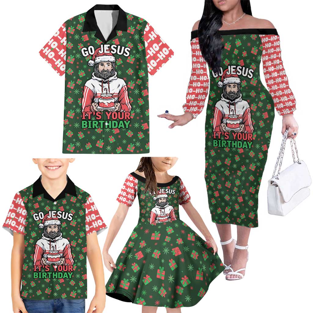 Go Jesus It's Your Birthday Christmas Family Matching Off The Shoulder Long Sleeve Dress and Hawaiian Shirt with Presents and Festive Pattern - Wonder Print Shop