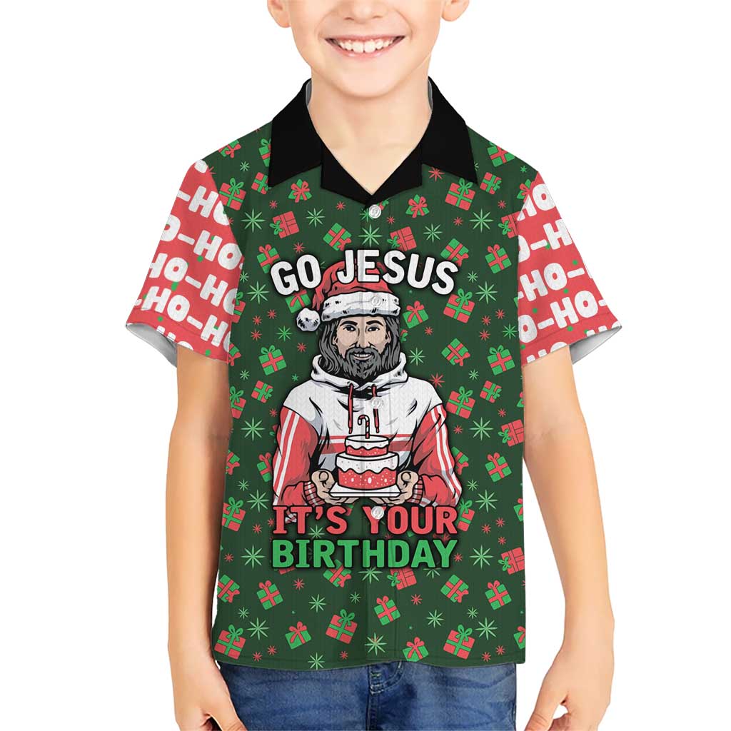Go Jesus It's Your Birthday Christmas Family Matching Off The Shoulder Long Sleeve Dress and Hawaiian Shirt with Presents and Festive Pattern - Wonder Print Shop