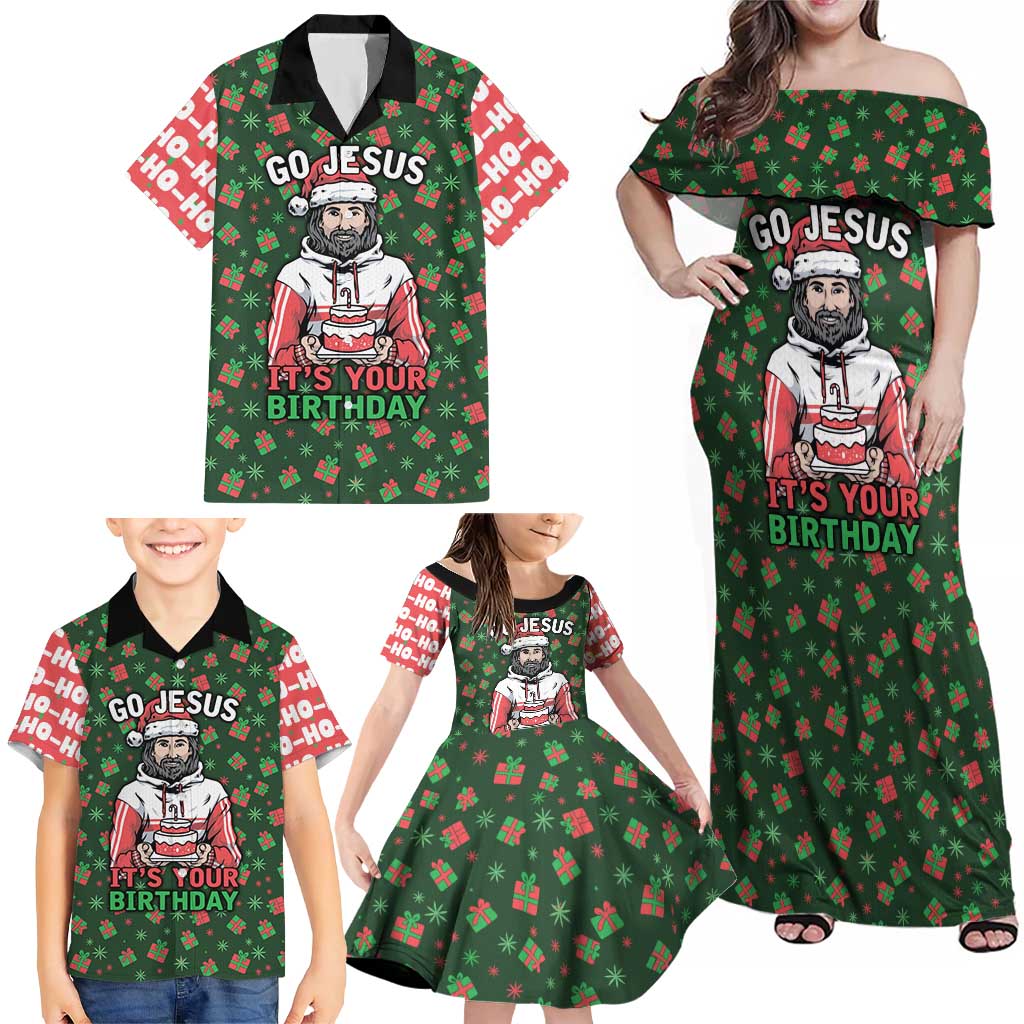 Go Jesus It's Your Birthday Christmas Family Matching Off Shoulder Maxi Dress and Hawaiian Shirt with Presents and Festive Pattern - Wonder Print Shop