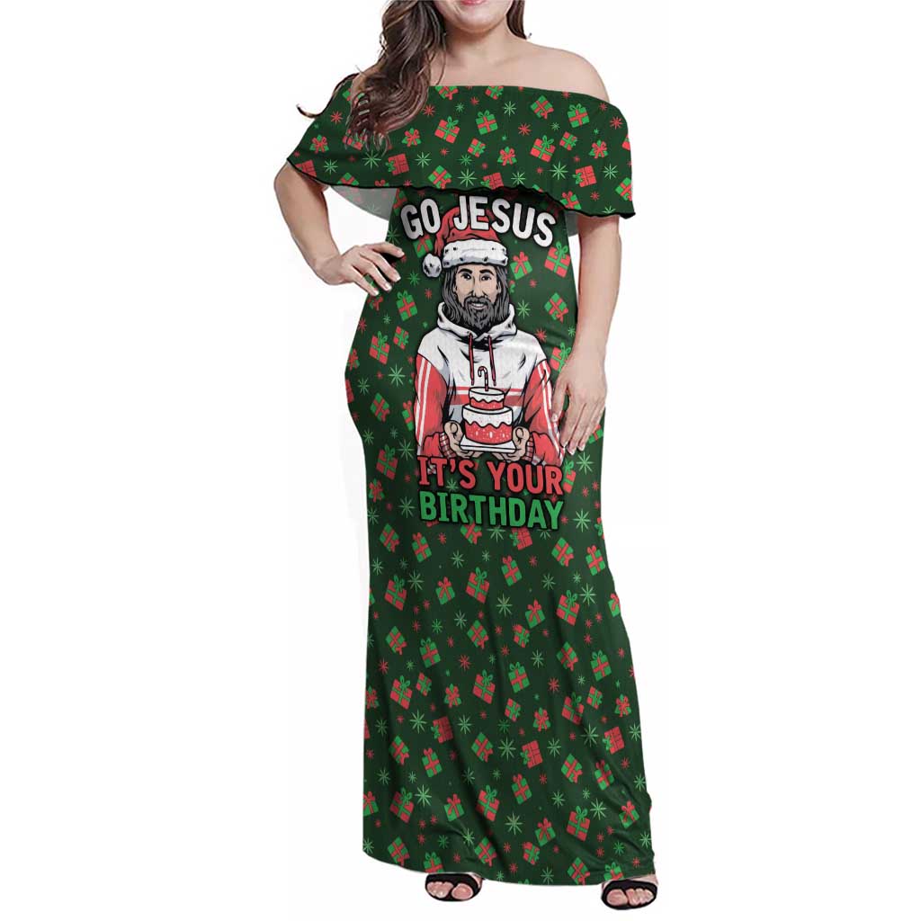 Go Jesus It's Your Birthday Christmas Family Matching Off Shoulder Maxi Dress and Hawaiian Shirt with Presents and Festive Pattern - Wonder Print Shop