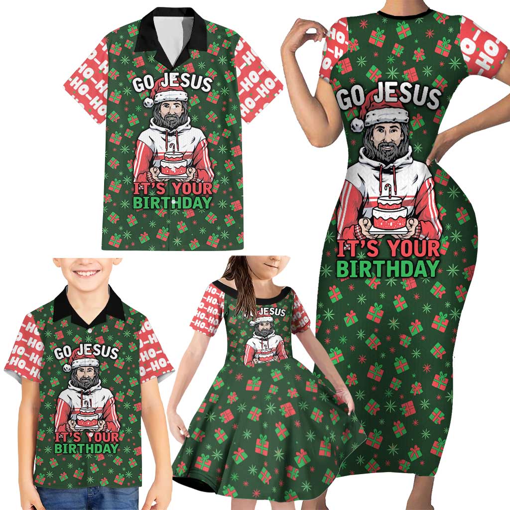Go Jesus It's Your Birthday Christmas Family Matching Short Sleeve Bodycon Dress and Hawaiian Shirt with Presents and Festive Pattern - Wonder Print Shop