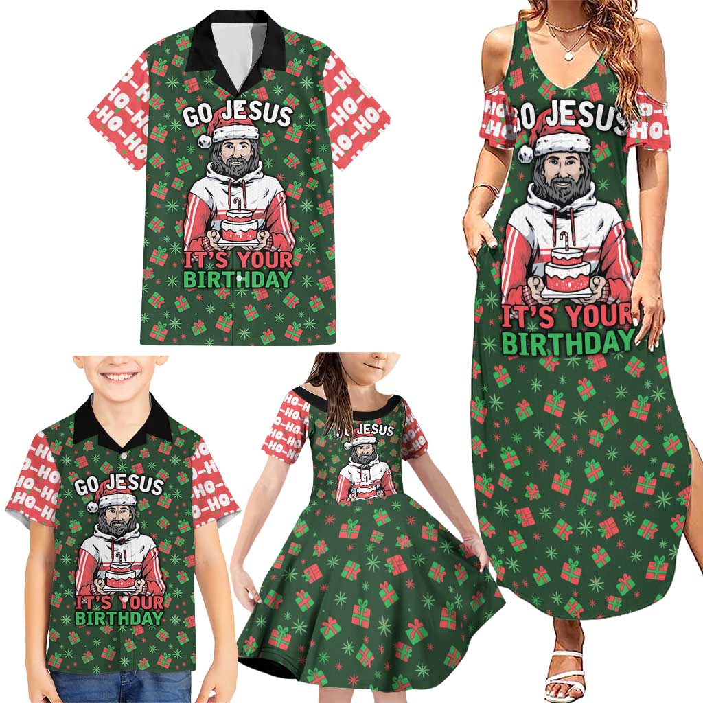 Go Jesus It's Your Birthday Christmas Family Matching Summer Maxi Dress and Hawaiian Shirt with Presents and Festive Pattern - Wonder Print Shop