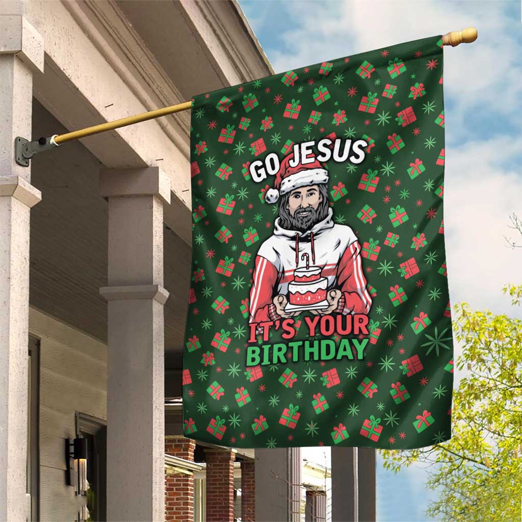Go Jesus It's Your Birthday Christmas Garden Flag with Presents and Festive Pattern - Wonder Print Shop