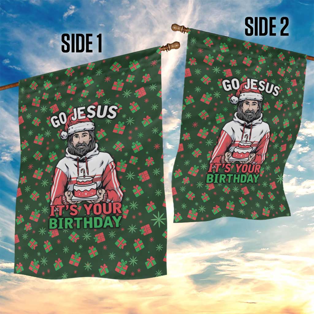 Go Jesus It's Your Birthday Christmas Garden Flag with Presents and Festive Pattern - Wonder Print Shop