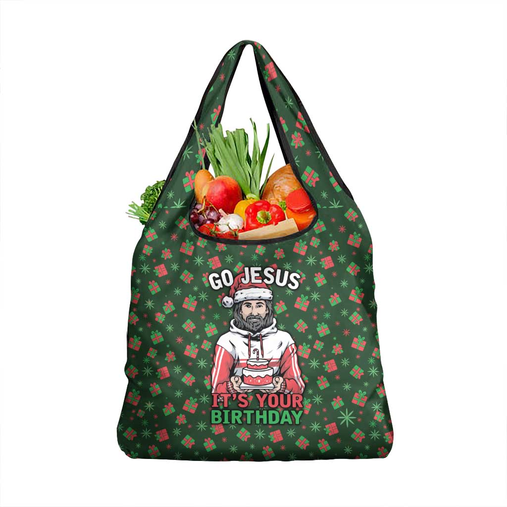 Go Jesus It's Your Birthday Christmas Grocery Bag with Presents and Festive Pattern - Wonder Print Shop