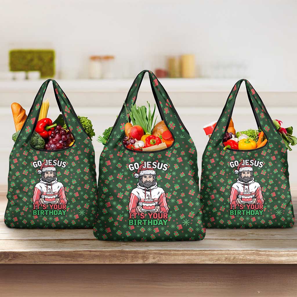 Go Jesus It's Your Birthday Christmas Grocery Bag with Presents and Festive Pattern - Wonder Print Shop
