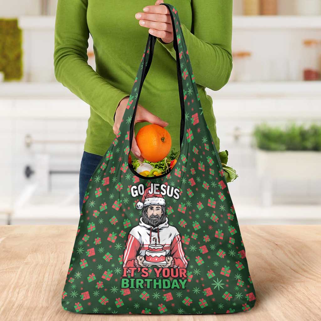 Go Jesus It's Your Birthday Christmas Grocery Bag with Presents and Festive Pattern - Wonder Print Shop
