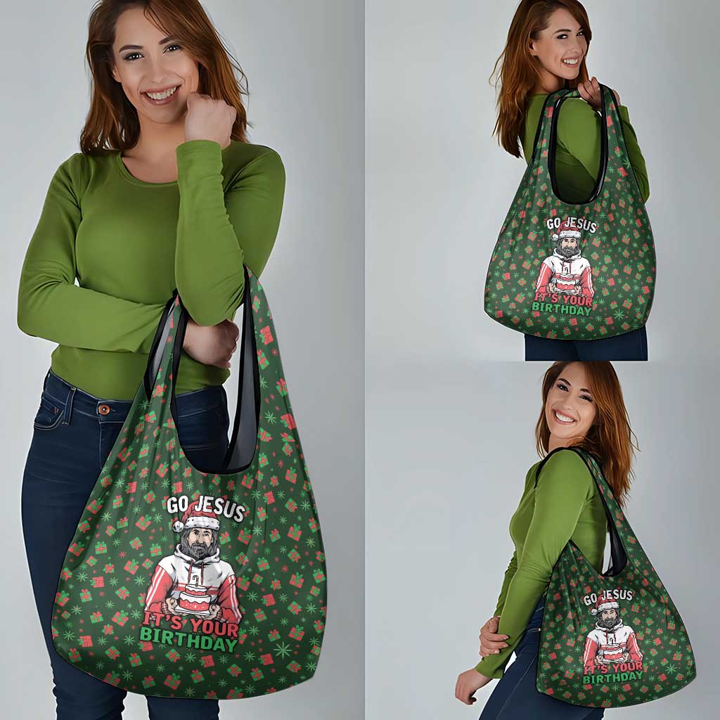 Go Jesus It's Your Birthday Christmas Grocery Bag with Presents and Festive Pattern - Wonder Print Shop