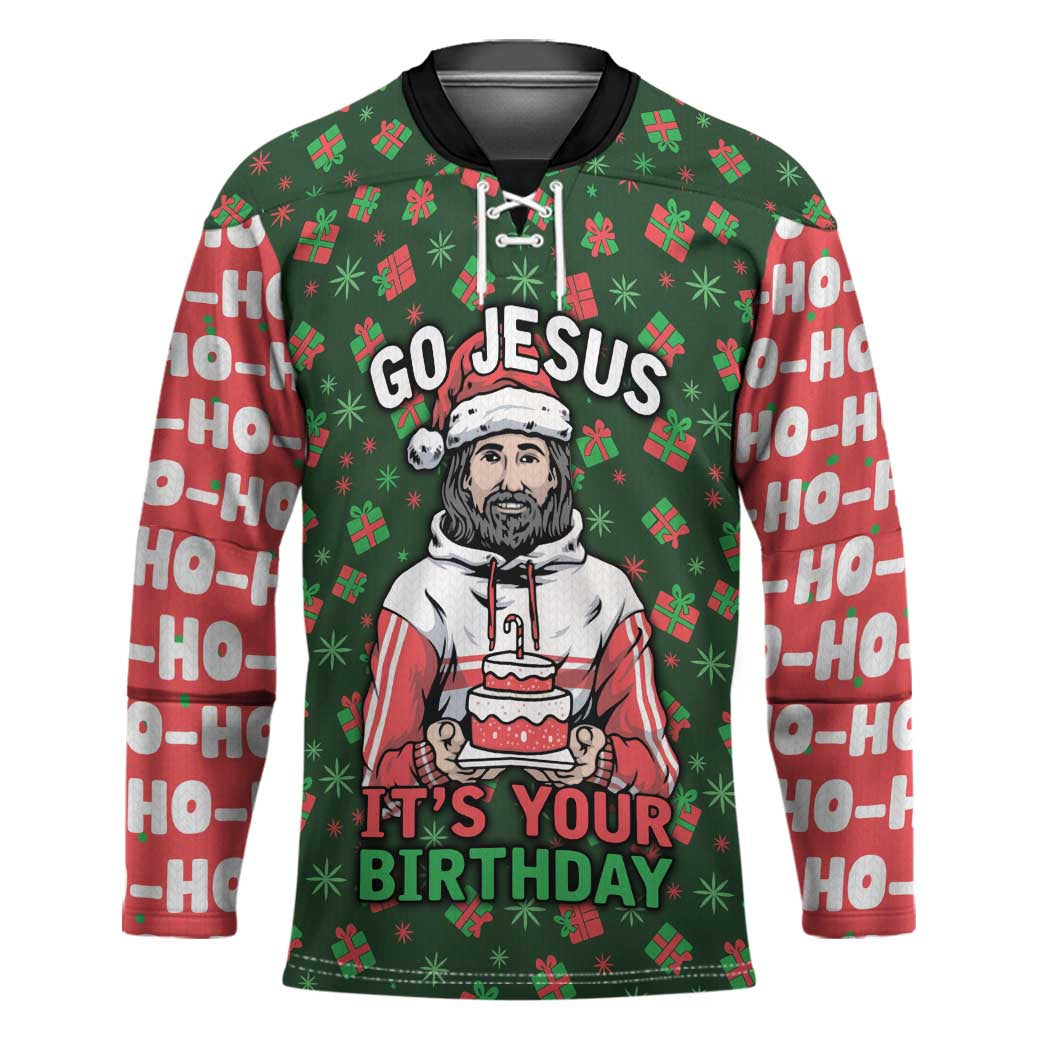 Go Jesus It's Your Birthday Christmas Hockey Jersey with Presents and Festive Pattern - Wonder Print Shop