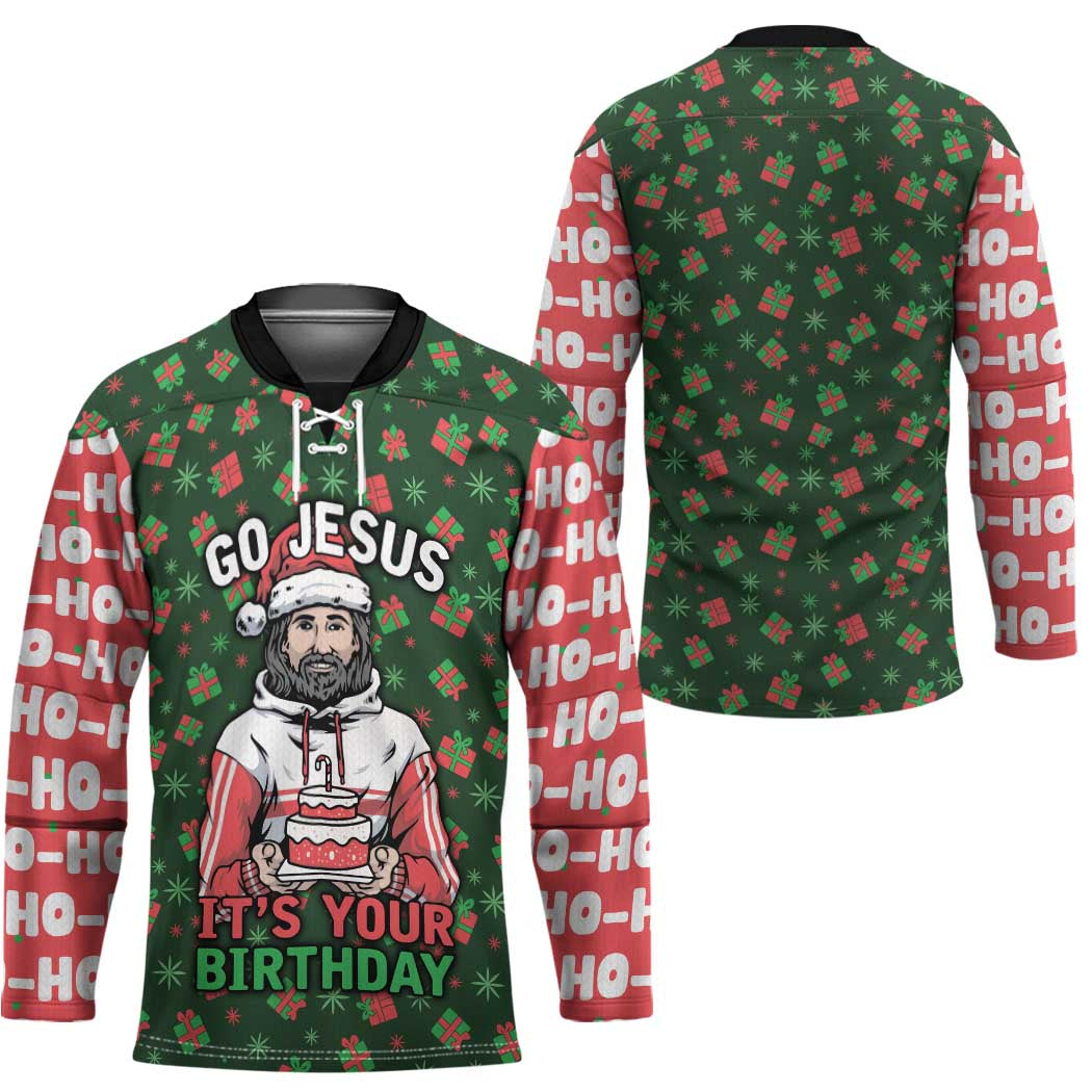 Go Jesus It's Your Birthday Christmas Hockey Jersey with Presents and Festive Pattern - Wonder Print Shop