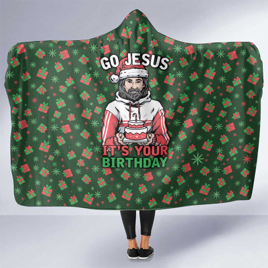 Go Jesus It's Your Birthday Christmas Hooded Blanket with Presents and Festive Pattern - Wonder Print Shop