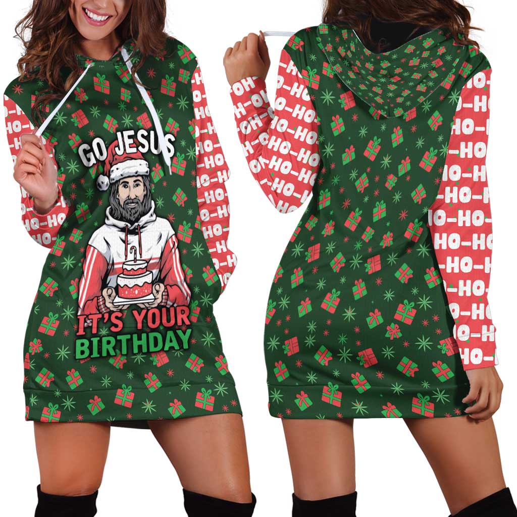 Go Jesus It's Your Birthday Christmas Hoodie Dress with Presents and Festive Pattern - Wonder Print Shop