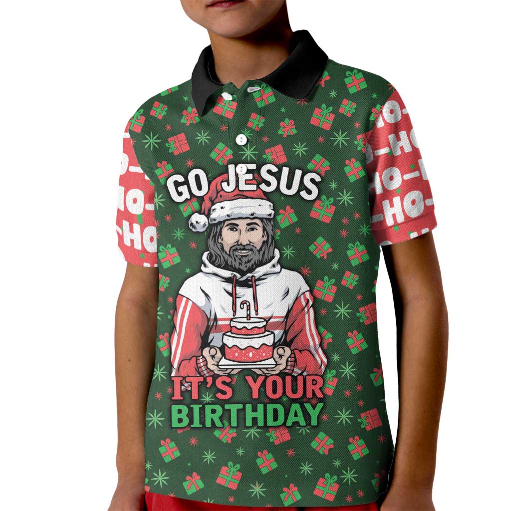 Go Jesus It's Your Birthday Christmas Kid Polo Shirt with Presents and Festive Pattern - Wonder Print Shop