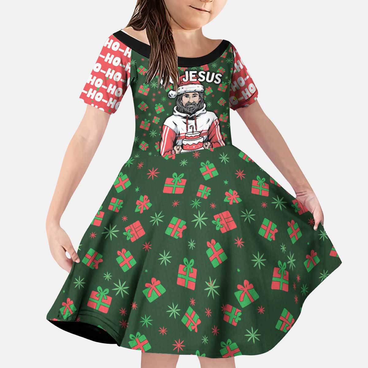 Go Jesus It's Your Birthday Christmas Kid Short Sleeve Dress with Presents and Festive Pattern - Wonder Print Shop