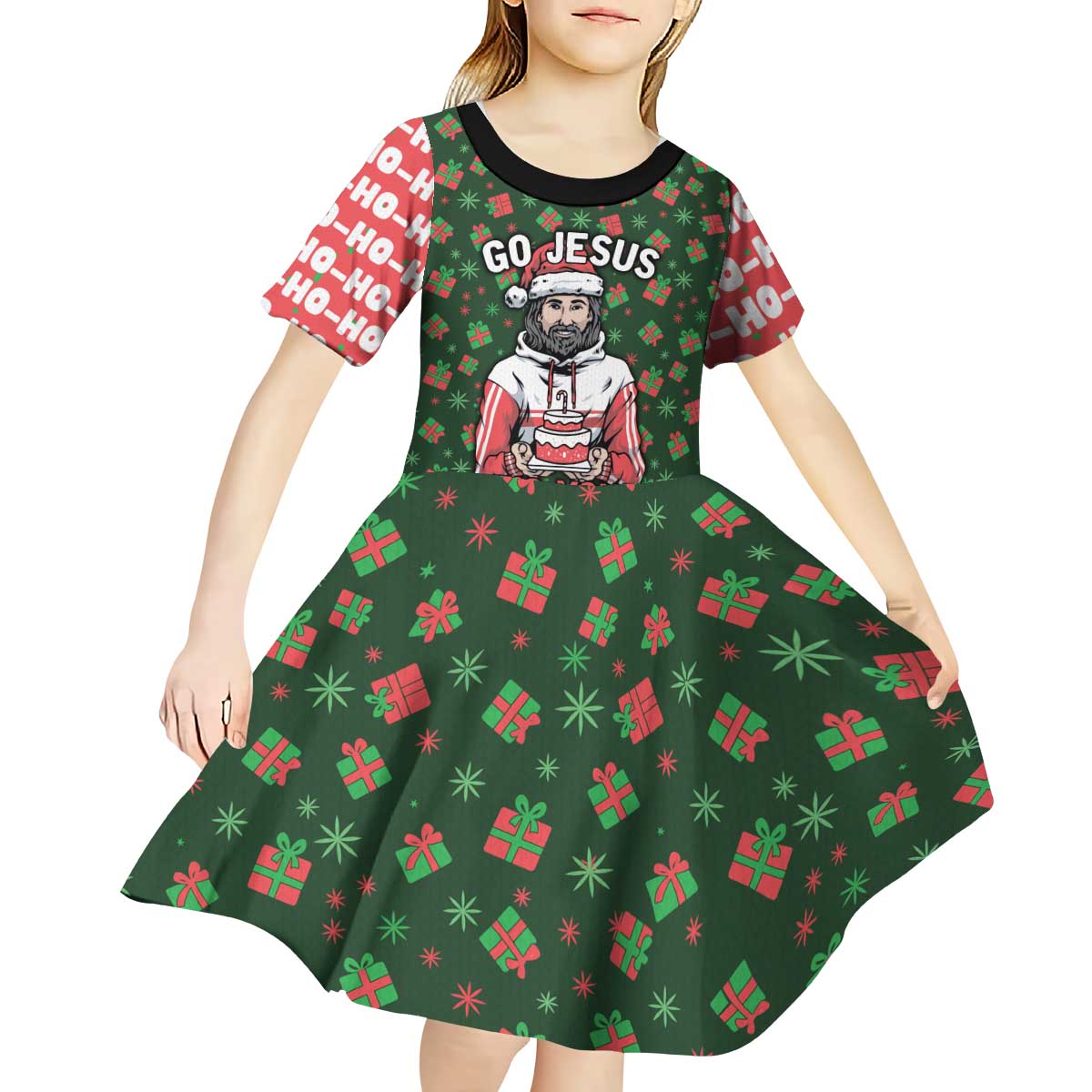 Go Jesus It's Your Birthday Christmas Kid Short Sleeve Dress with Presents and Festive Pattern - Wonder Print Shop