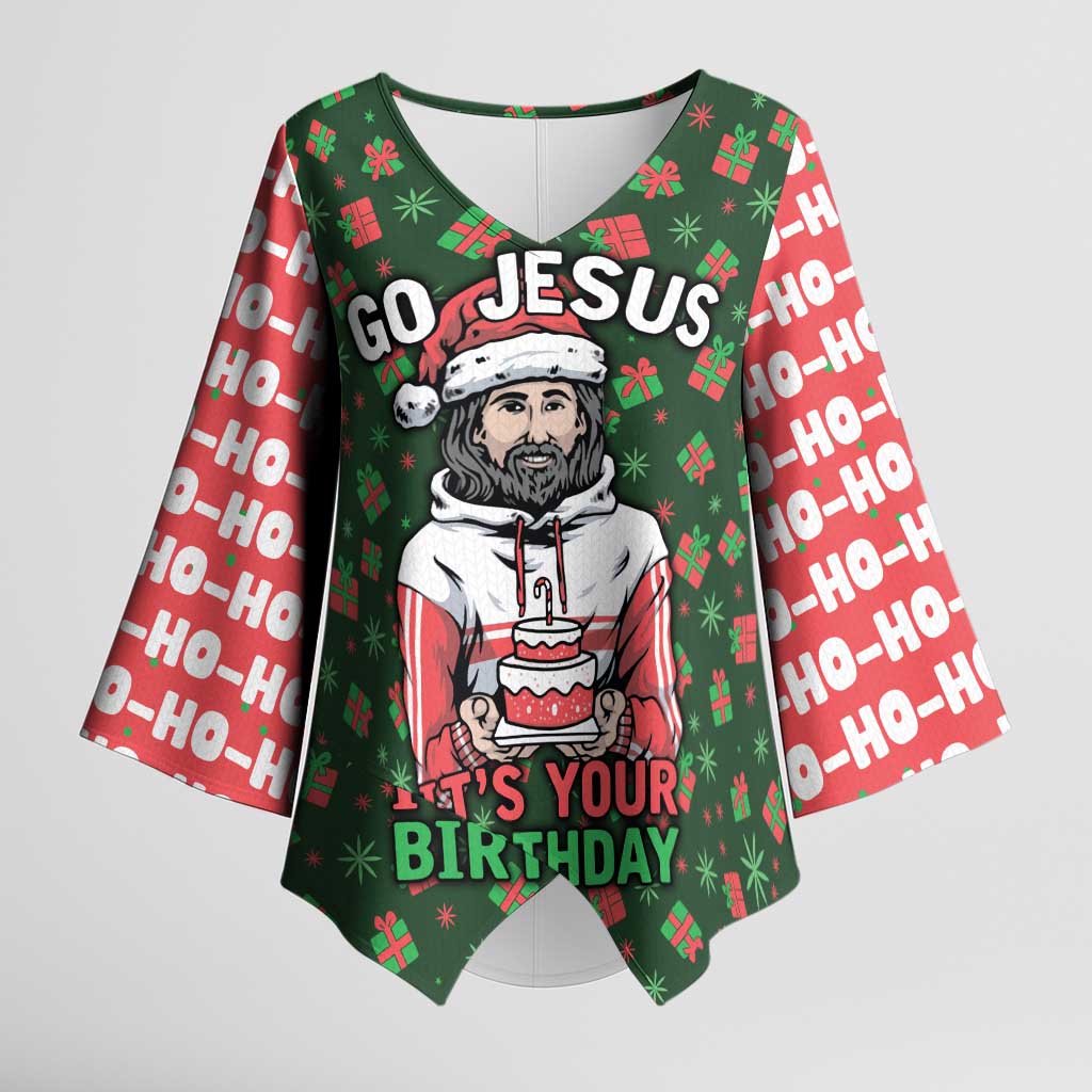 Go Jesus It's Your Birthday Christmas Kimono Sleeve Blouse with Presents and Festive Pattern - Wonder Print Shop