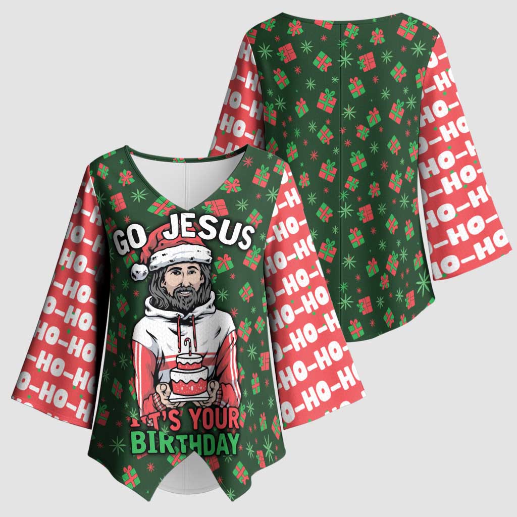 Go Jesus It's Your Birthday Christmas Kimono Sleeve Blouse with Presents and Festive Pattern - Wonder Print Shop