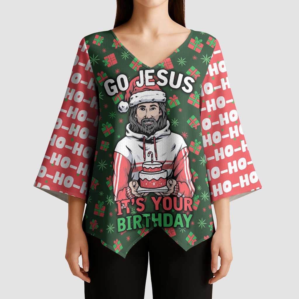 Go Jesus It's Your Birthday Christmas Kimono Sleeve Blouse with Presents and Festive Pattern - Wonder Print Shop