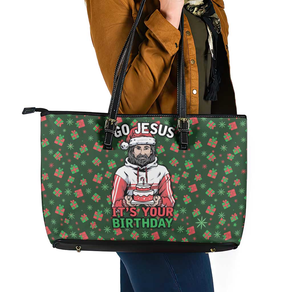 Go Jesus It's Your Birthday Christmas Leather Tote Bag with Presents and Festive Pattern - Wonder Print Shop