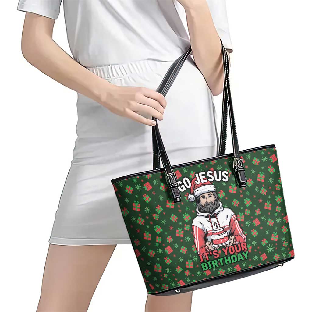 Go Jesus It's Your Birthday Christmas Leather Tote Bag with Presents and Festive Pattern - Wonder Print Shop