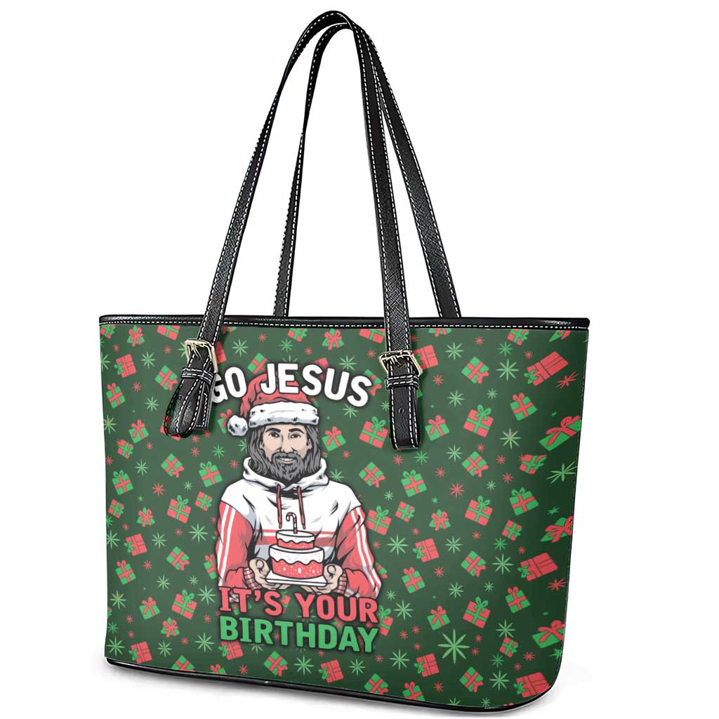 Go Jesus It's Your Birthday Christmas Leather Tote Bag with Presents and Festive Pattern - Wonder Print Shop