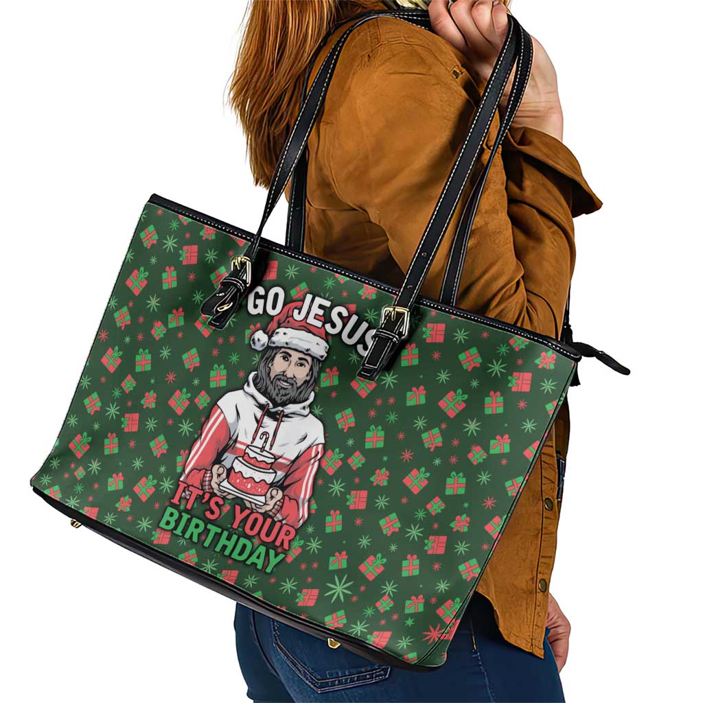 Go Jesus It's Your Birthday Christmas Leather Tote Bag with Presents and Festive Pattern - Wonder Print Shop