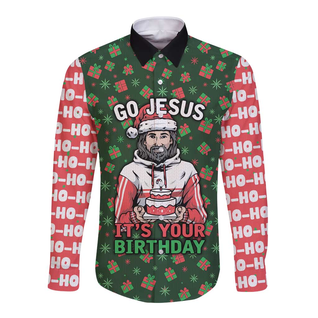 Go Jesus It's Your Birthday Christmas Long Sleeve Button Shirt with Presents and Festive Pattern - Wonder Print Shop