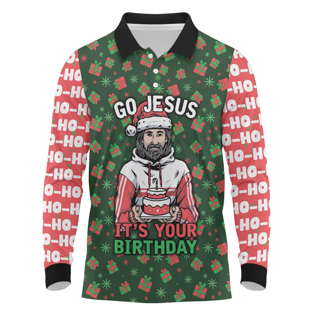 Go Jesus It's Your Birthday Christmas Long Sleeve Polo Shirt with Presents and Festive Pattern - Wonder Print Shop