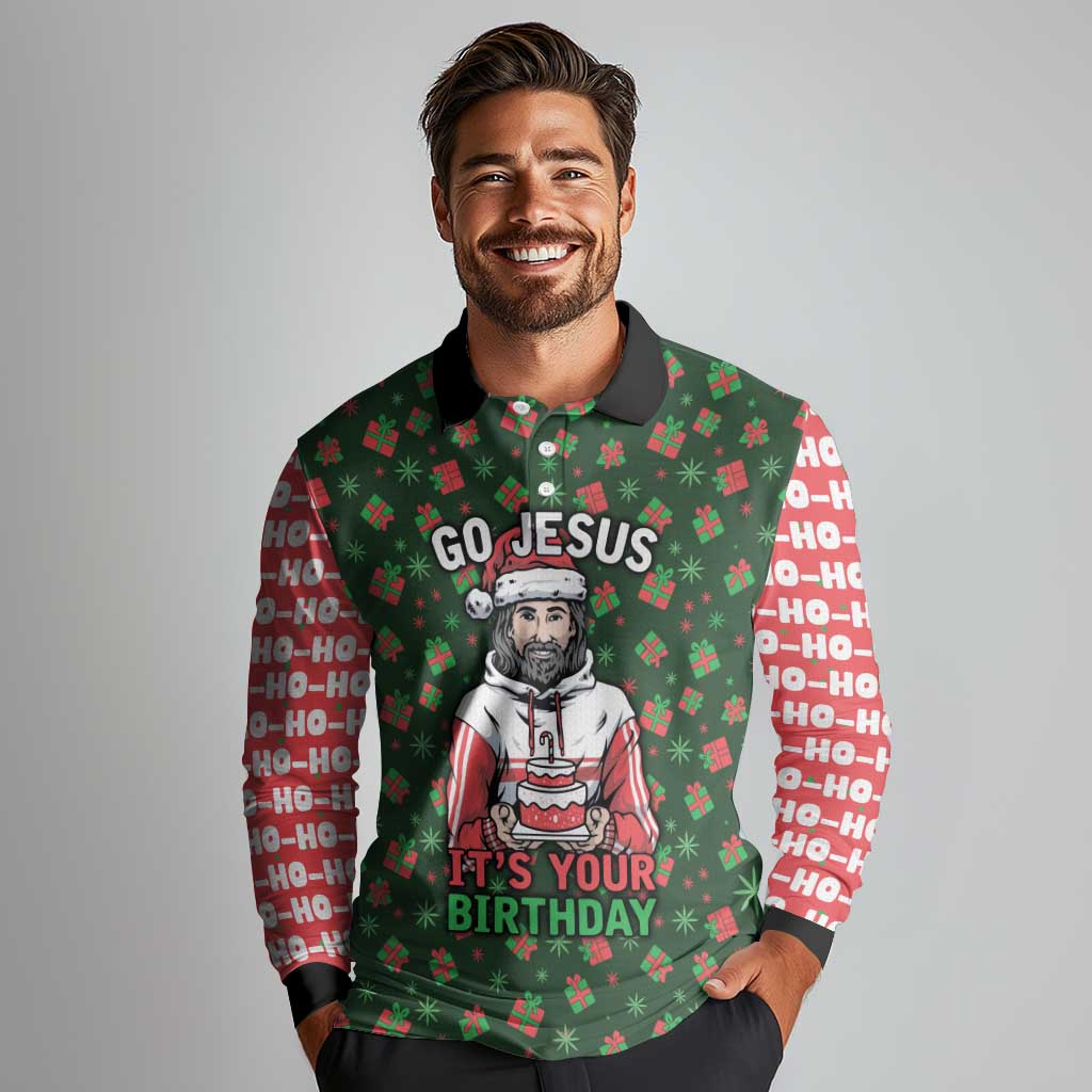 Go Jesus It's Your Birthday Christmas Long Sleeve Polo Shirt with Presents and Festive Pattern - Wonder Print Shop
