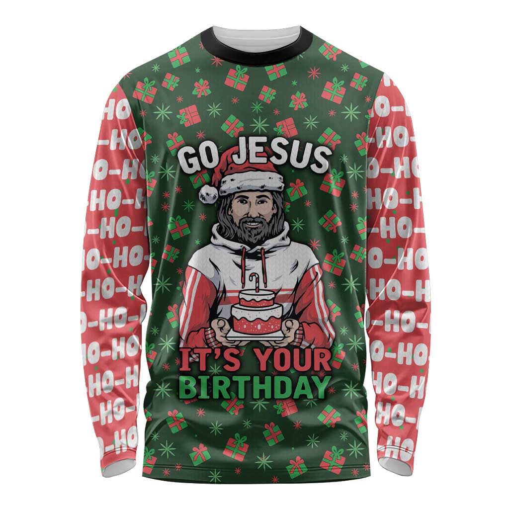 Go Jesus It's Your Birthday Christmas Long Sleeve Shirt with Presents and Festive Pattern - Wonder Print Shop