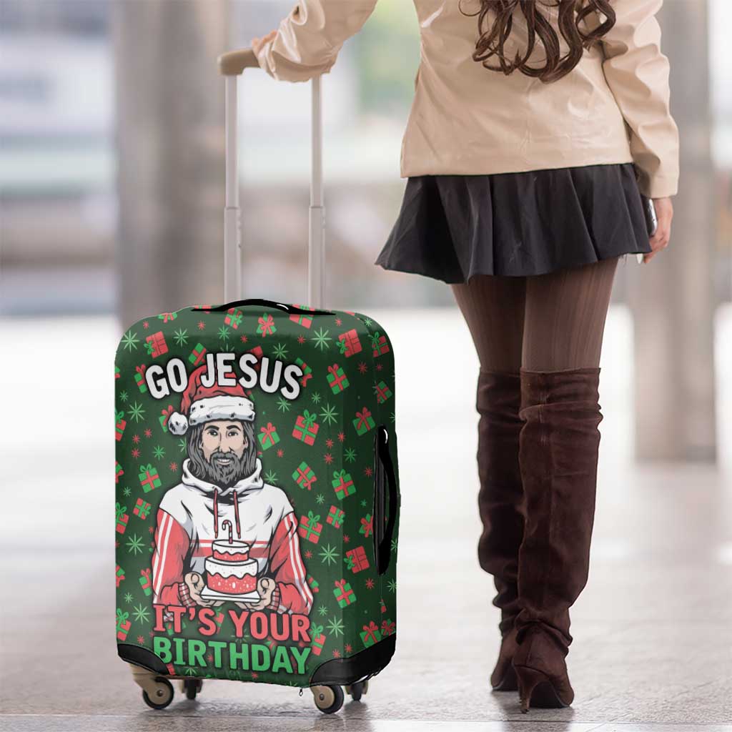 Go Jesus It's Your Birthday Christmas Luggage Cover with Presents and Festive Pattern - Wonder Print Shop