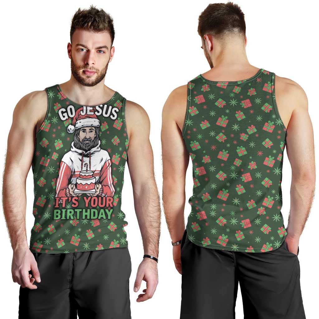 Go Jesus It's Your Birthday Christmas Men Tank Top with Presents and Festive Pattern - Wonder Print Shop