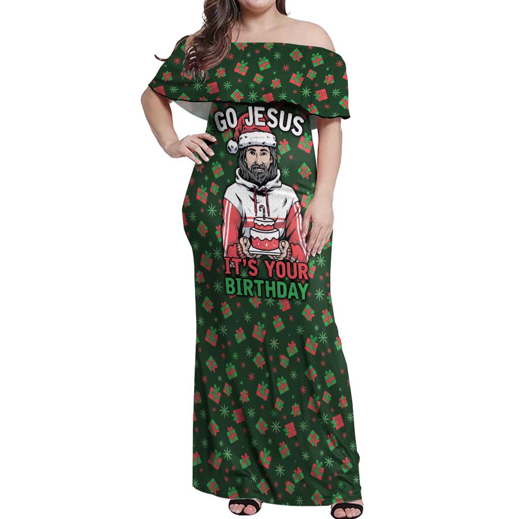 Go Jesus It's Your Birthday Christmas Off Shoulder Maxi Dress with Presents and Festive Pattern - Wonder Print Shop