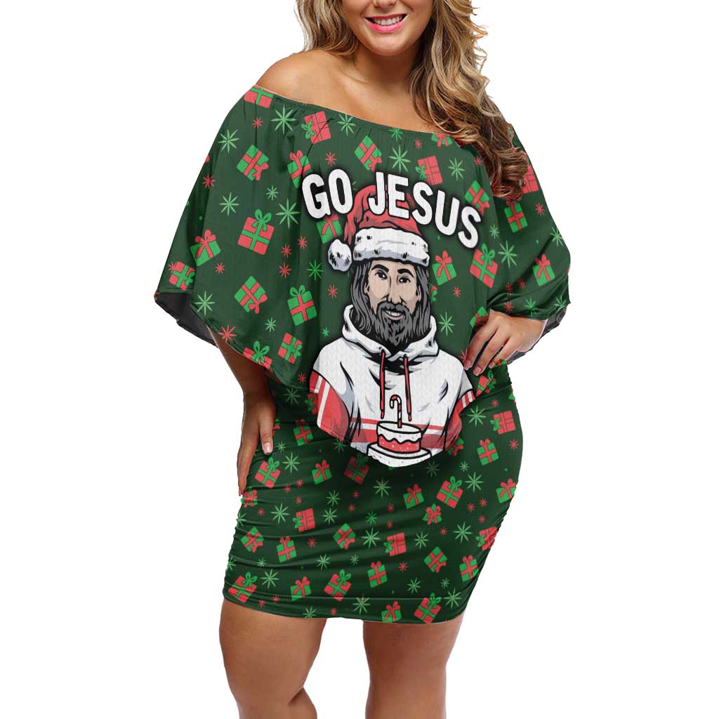 Go Jesus It's Your Birthday Christmas Off Shoulder Short Dress with Presents and Festive Pattern - Wonder Print Shop