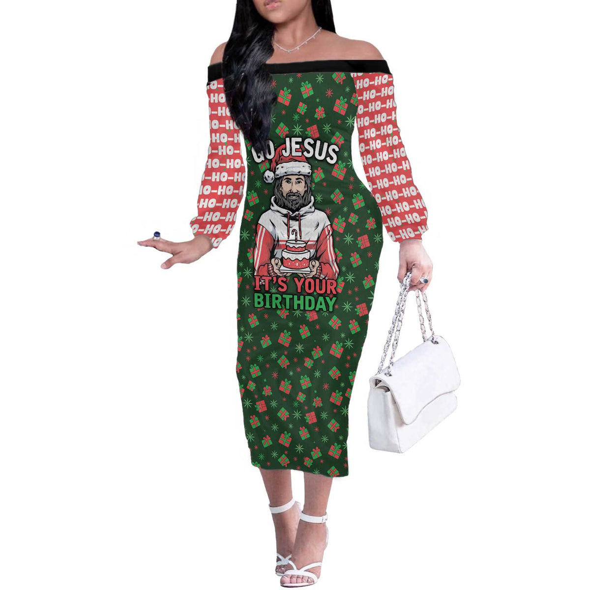 Go Jesus It's Your Birthday Christmas Off The Shoulder Long Sleeve Dress with Presents and Festive Pattern - Wonder Print Shop